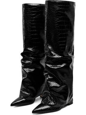 Women's Croc Black Pointed Toe Side Zipper Wide Calf Chunky Heel Shark Boots